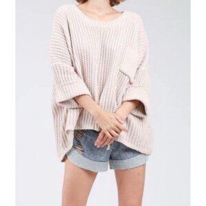 POL Oversized Chunky Knit Tan Sweater Size M Womens Short Rolled Sleeves Boho